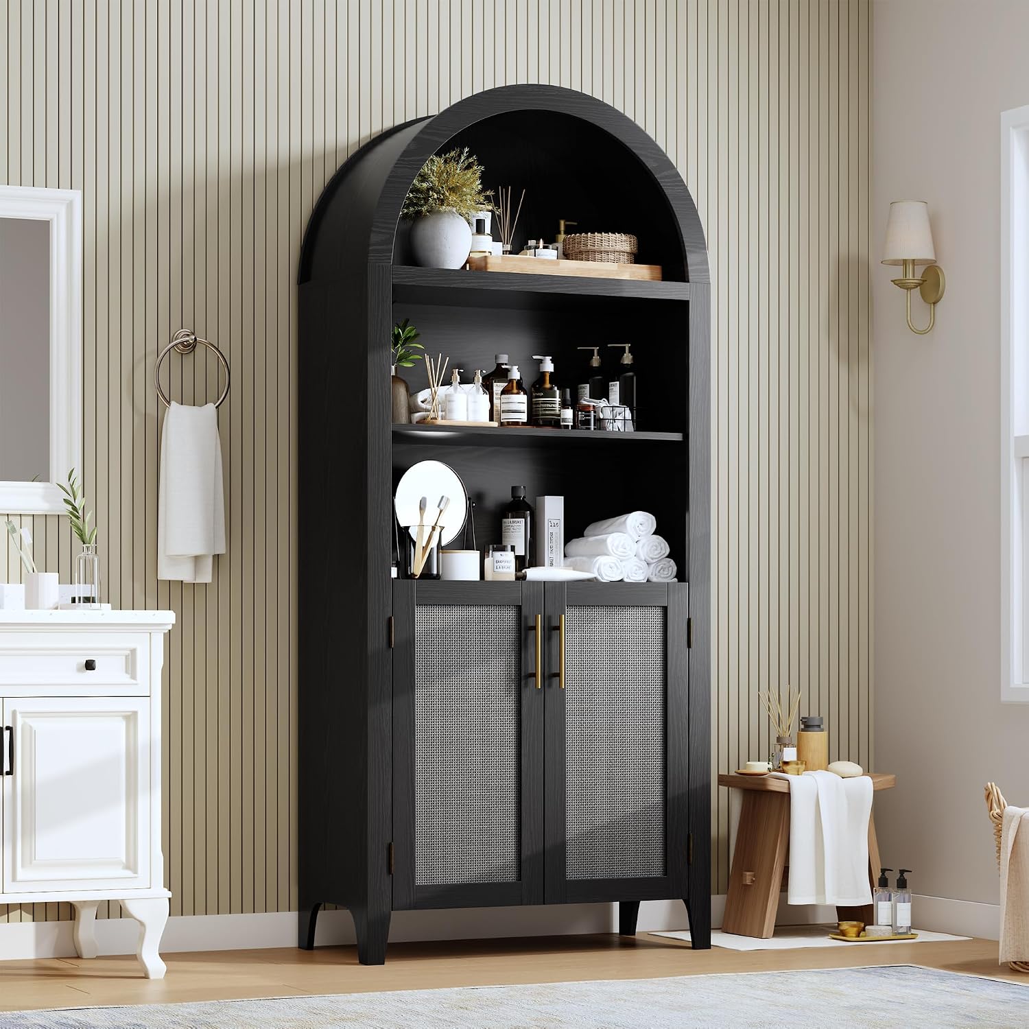 IDEALHOUSE Arched Kitchen Pantry Cabinet with Doors - 5-Tier Open Display Shelf with Rattan Decor, Farmhouse Storage Cabinet for Kitchen, Dining Room, Living Room, Black
