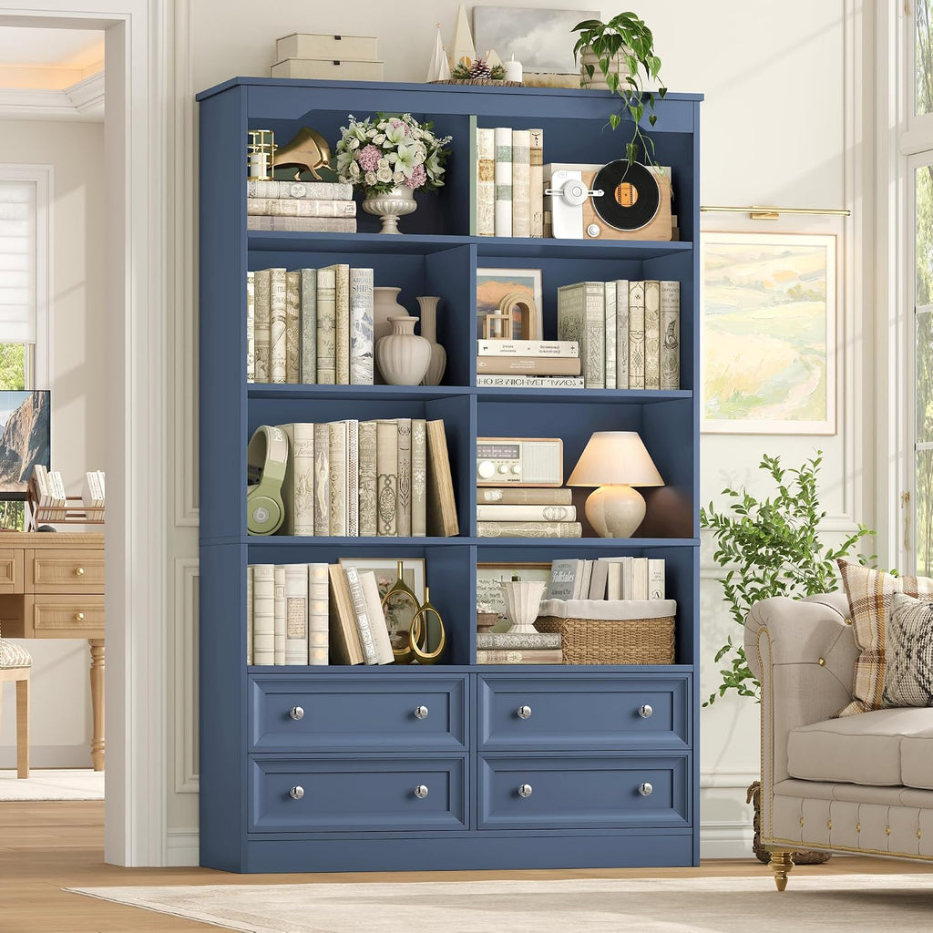 FINETONES 71' Tall Bookshelf with 4 Drawers, 6-Tier Double Wide Bookshelves and Bookcases with Storage, Blue Bookshelf Large Open Bookshelves Standing Book Cabinet for Home Office