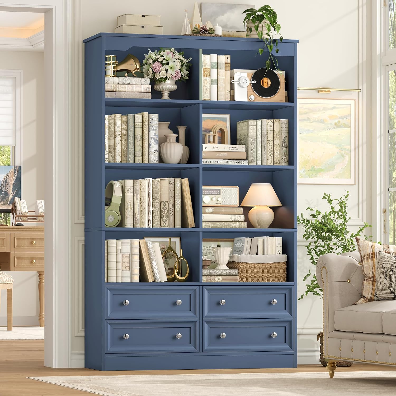 FINETONES 71' Tall Bookshelf with 4 Drawers, 6-Tier Double Wide Bookshelves and Bookcases with Storage, Blue Bookshelf Large Open Bookshelves Standing Book Cabinet for Home Office