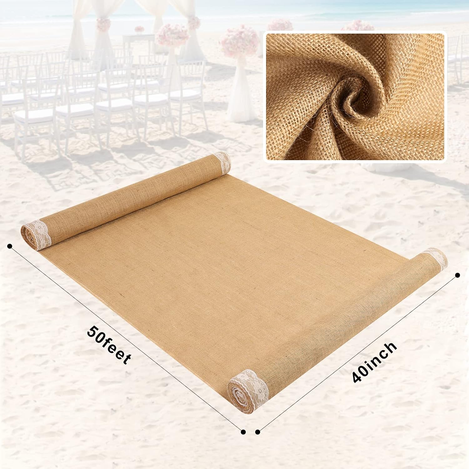 AK TRADING CO. 40' Wide Natural Burlap Wedding Aisle Runner with Ivory Lace - 40' Wide x 50 feet Long
