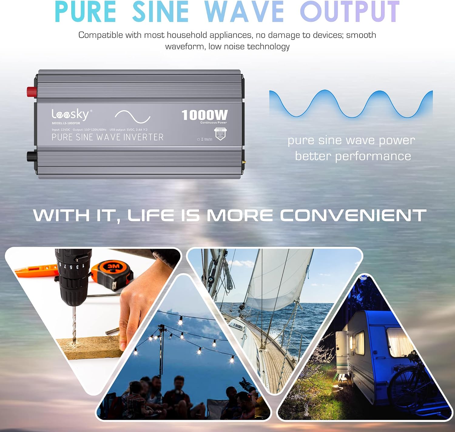 LEESKY 1000W Pure Sine Wave Power Inverter 12V DC to 120V AC Converter with LCD Remote Controller UL-Certified Fuses Compatible with Lithium Battery Starlink for Car RV Truck Solar Home Off-Grid Use