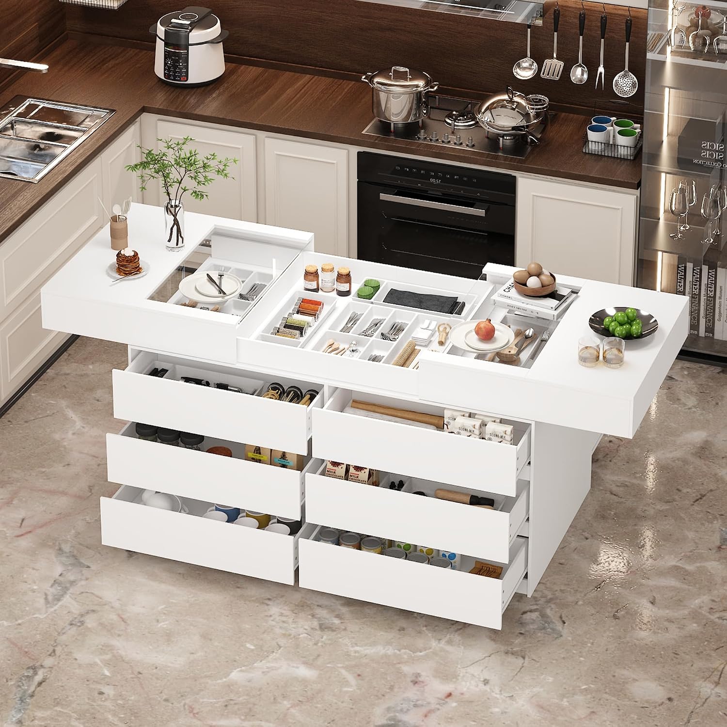 63' W Glass Display Cabinet, Walk in Closet Island for Retail, Jewelry Organizers Storage with 12 Drawers & Pull-Open Top, Collectibles Cabinet Showcase for Cloakroom Shop, White
