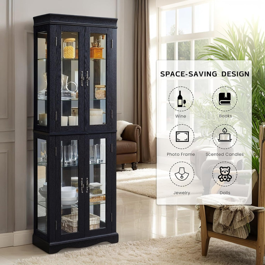 71' Lighted Curio Cabinet with 6 Adjustable Shelves, Vintage Glass Display Case, Tempered Glass Doors, Tall Wine Bar Cabinet for Living Room Liquor Storage, Bulb Included (Black & Arched bottom)