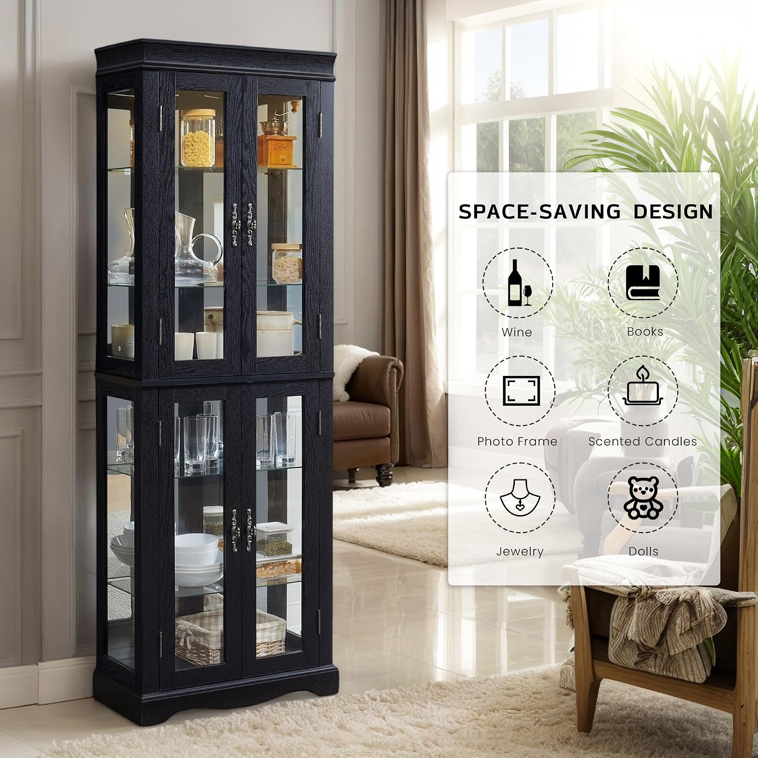 71' Lighted Curio Cabinet with 6 Adjustable Shelves, Vintage Glass Display Case, Tempered Glass Doors, Tall Wine Bar Cabinet for Living Room Liquor Storage, Bulb Included (Black & Arched bottom)