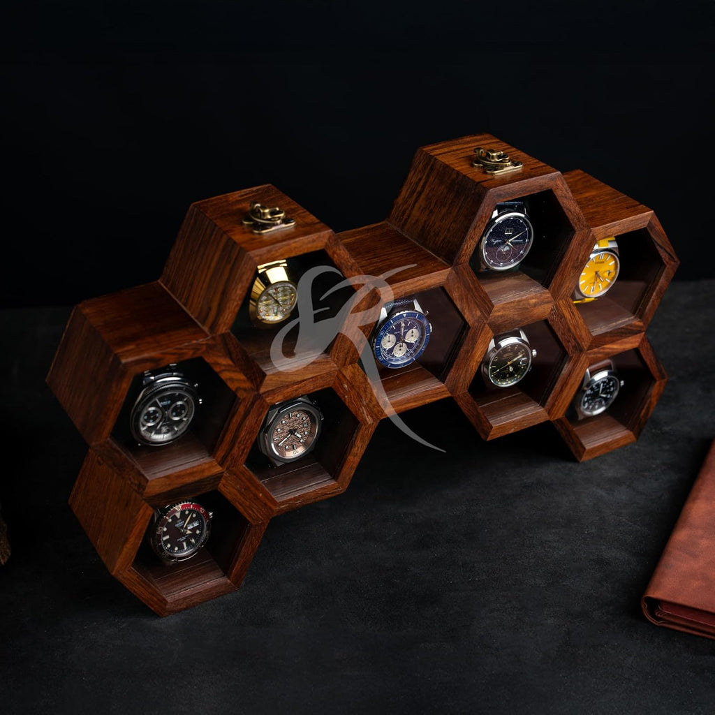 Wooden Watch Box Organizer for Men – 9 Slot Luxury Honeycomb Watch Case | Dark Rosewood Wood & Glass Display Box | Elegant Wooden Timepiece Display Case Boxes for Men – Luxury Gift for Him