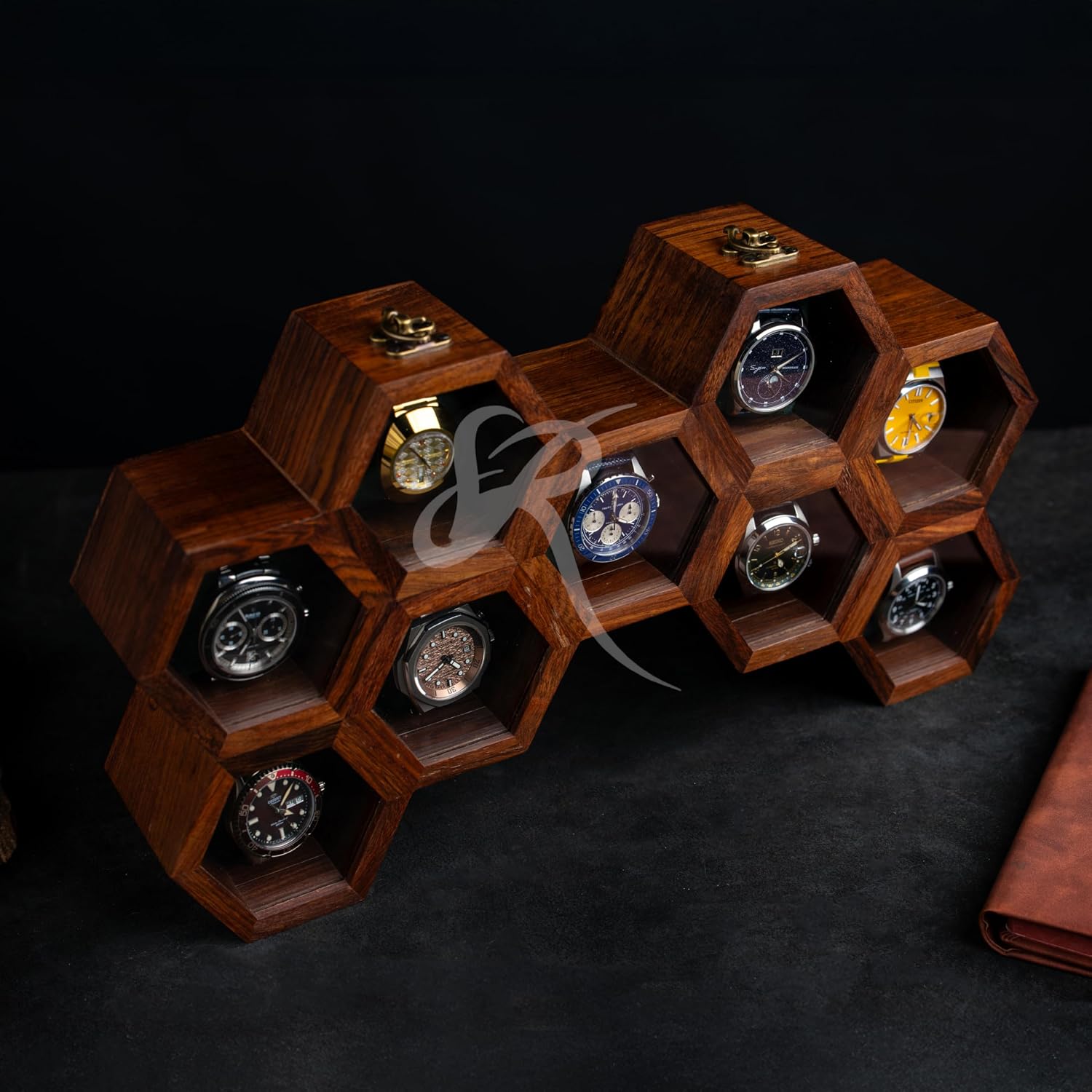 Wooden Watch Box Organizer for Men – 9 Slot Luxury Honeycomb Watch Case | Dark Rosewood Wood & Glass Display Box | Elegant Wooden Timepiece Display Case Boxes for Men – Luxury Gift for Him