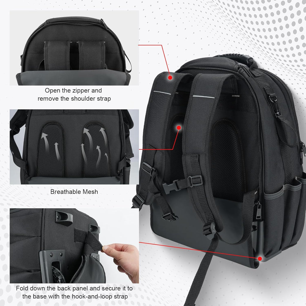 KUNN Rolling Tool Backpack with Wheels, Heavy Duty Waterproof Wheeled Tool Bag, 47 Pockets & Loops Work Backpack for Electrician Construction HVAC, Black