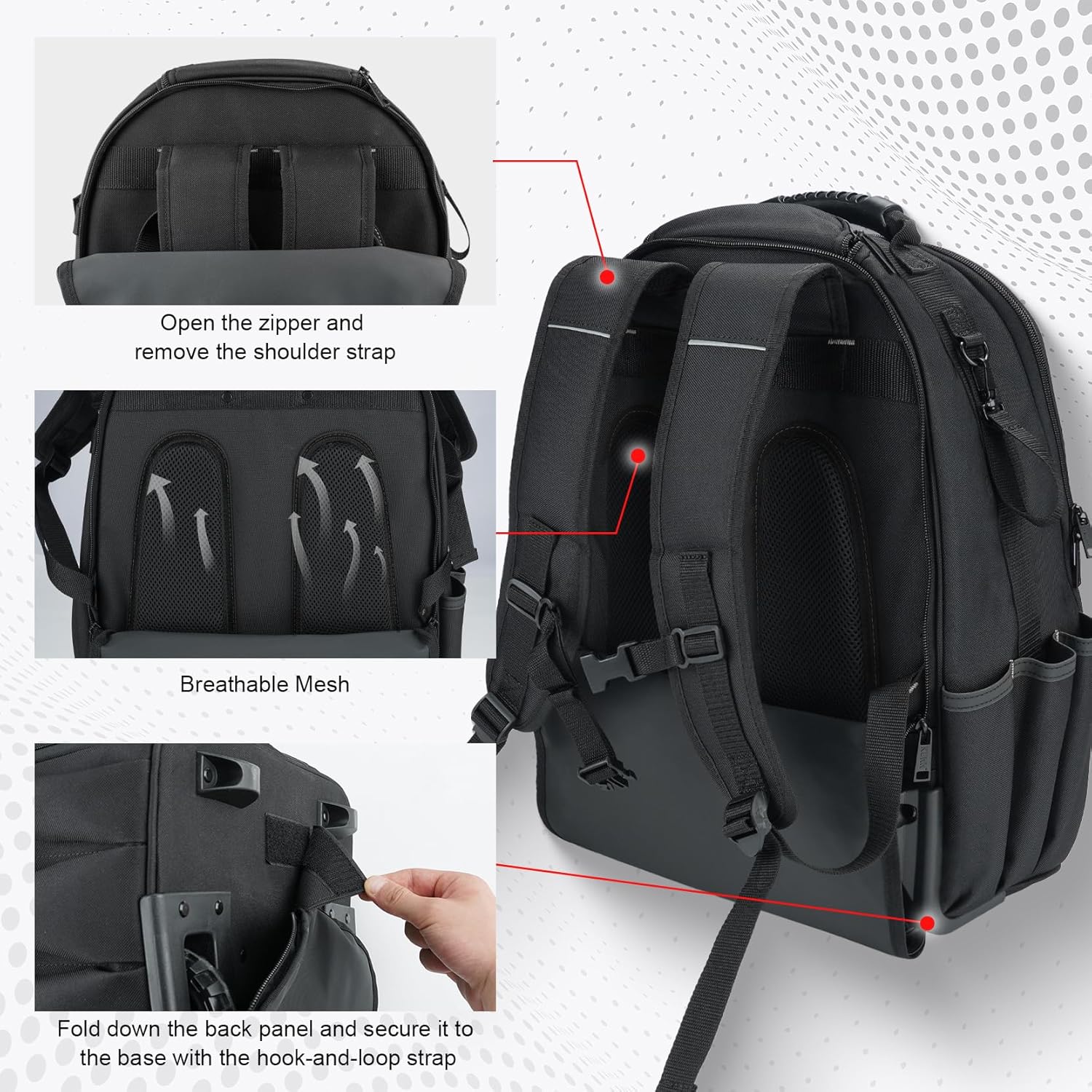KUNN Rolling Tool Backpack with Wheels, Heavy Duty Waterproof Wheeled Tool Bag, 47 Pockets & Loops Work Backpack for Electrician Construction HVAC, Black