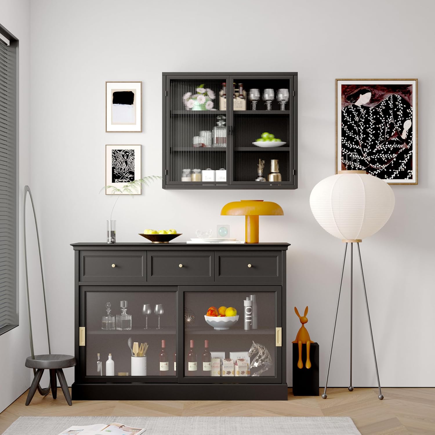 Retro Style Haze Double Glass Door Wall Cabinet with Detachable Shelves for Office, Dining Room,Living Room, Kitchen and Bathroom Black