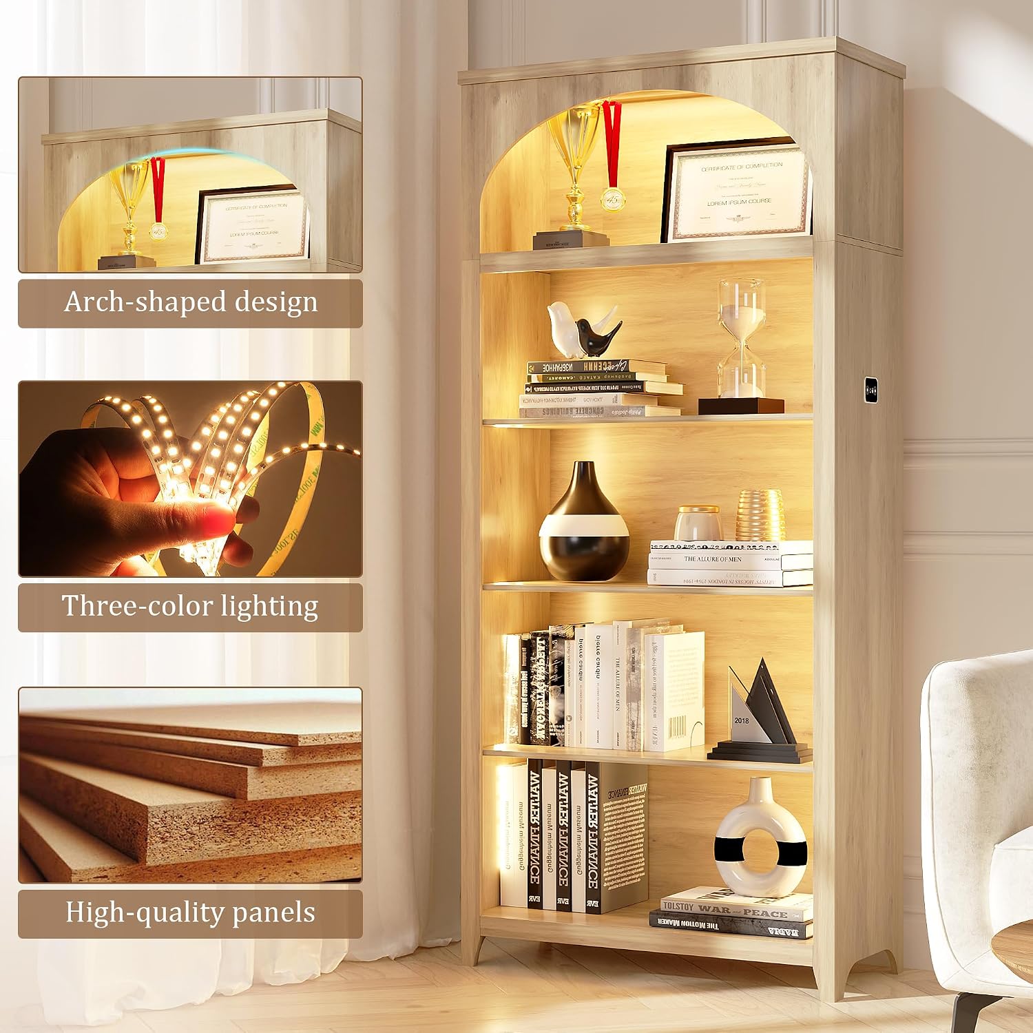 2pc LED Arched Bookshelf with Lights - 70'' Tall Bookcase with Storage, 5-Tier Floor Standing Modern Display Shelf for Living Room, Office, Study Room, Entryway, Ideal Gift, Natural Oak