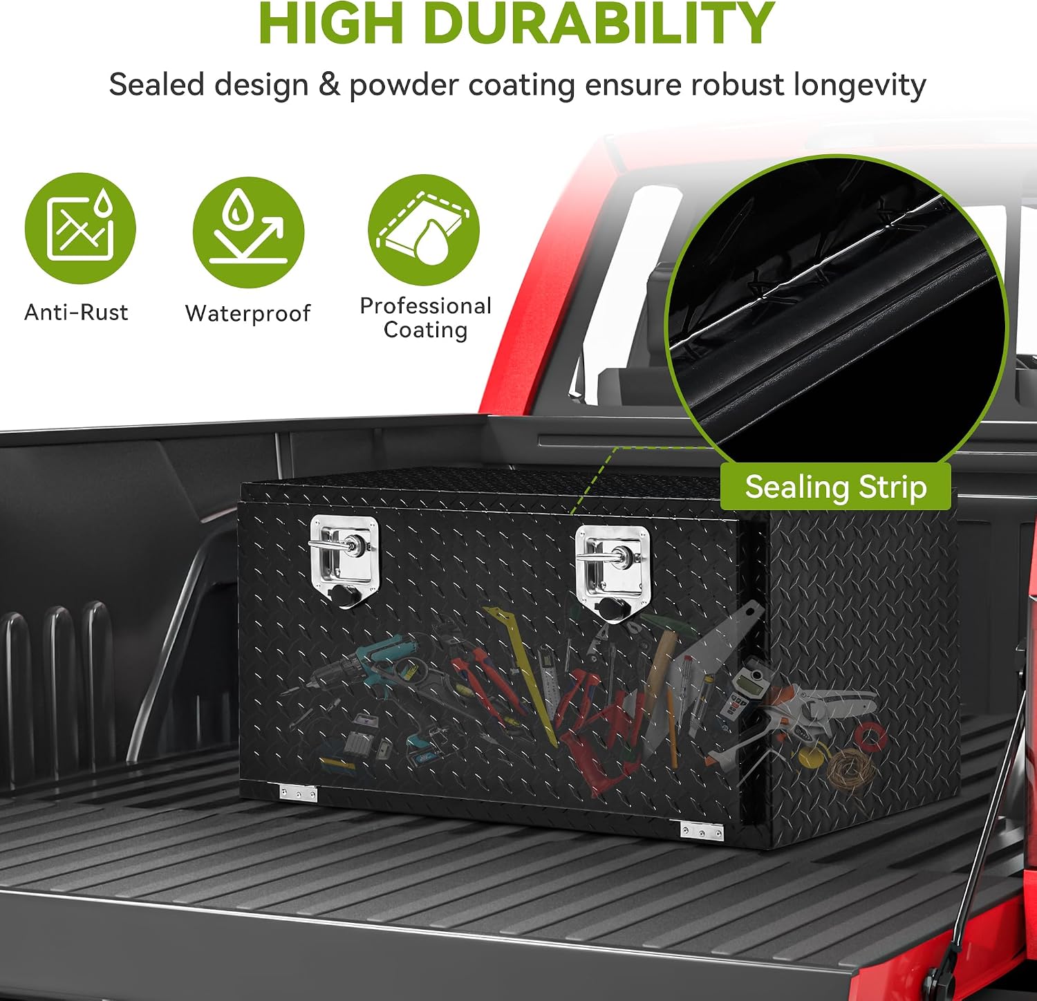 AUTOSAVER88 36 Inch Underbody Tool Box, Heavy Duty Aluminum Diamond Plate Toolbox Chest Storage Organizer, Waterproof Chest Storage Box with Lock for Trucks, Trailers, RVs, Warehouses, Black