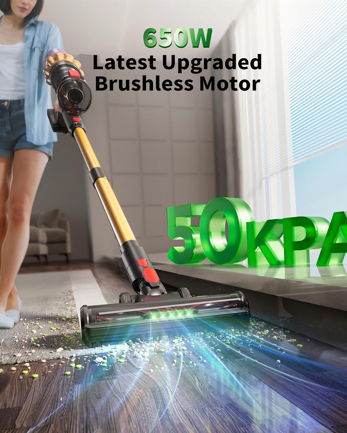 Cordless Vacuum Cleaner 55KPA Suction 65 Minute Runtime with Touch Screen and Self Standing for Carpets Hard Floors and Pet Hair