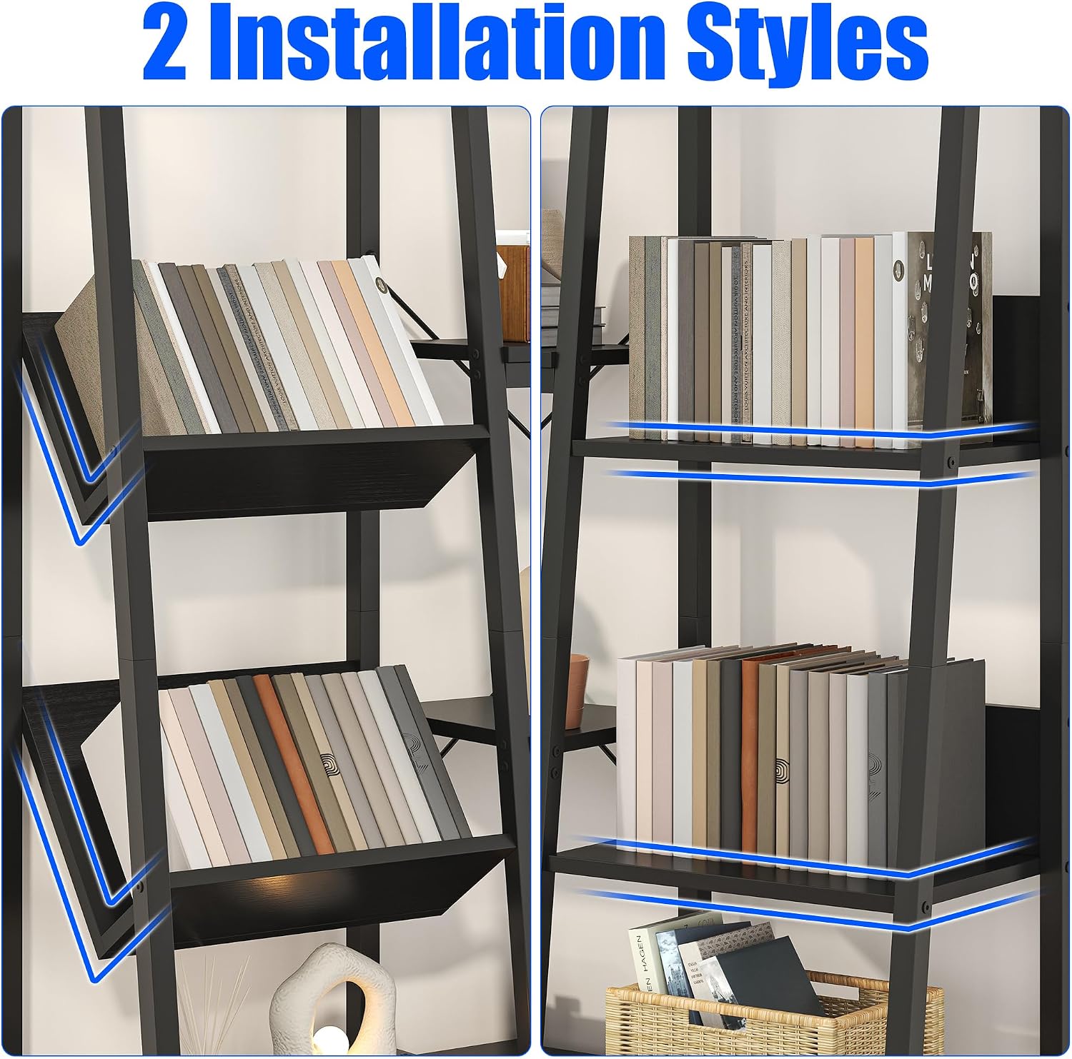 Nosepen Ladder Bookshelf with 4 Doors, 4 Tier Triple Width Large Open Storage Shelving, Industrial Style Capacity Home Office Bookcase with Adjustable Shelves, Display Cabinet Black