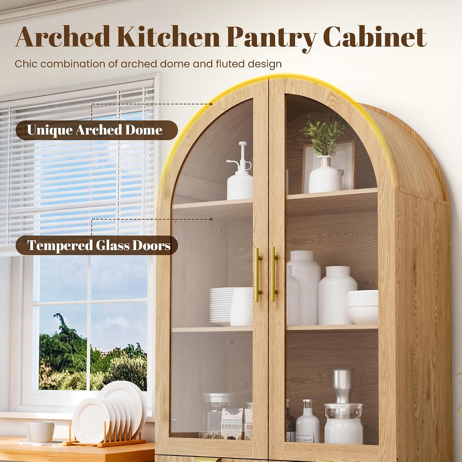 Pamapic 71' Tall Arched Cabinet, Fluted Kitchen Pantry with Glass Doors & Adjustable Shelves, Arch Storage Cabinet, Wooden Pantry for Dining Room, Living Room (Natural)