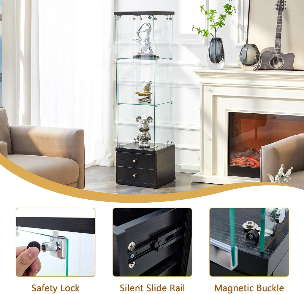 Modern Glass Display Cabinet 3-Shelf Curio Cabinets with 2 Storage Drawers,Tempered Glass Collection Display Showcase for Living Room Home Office,Black