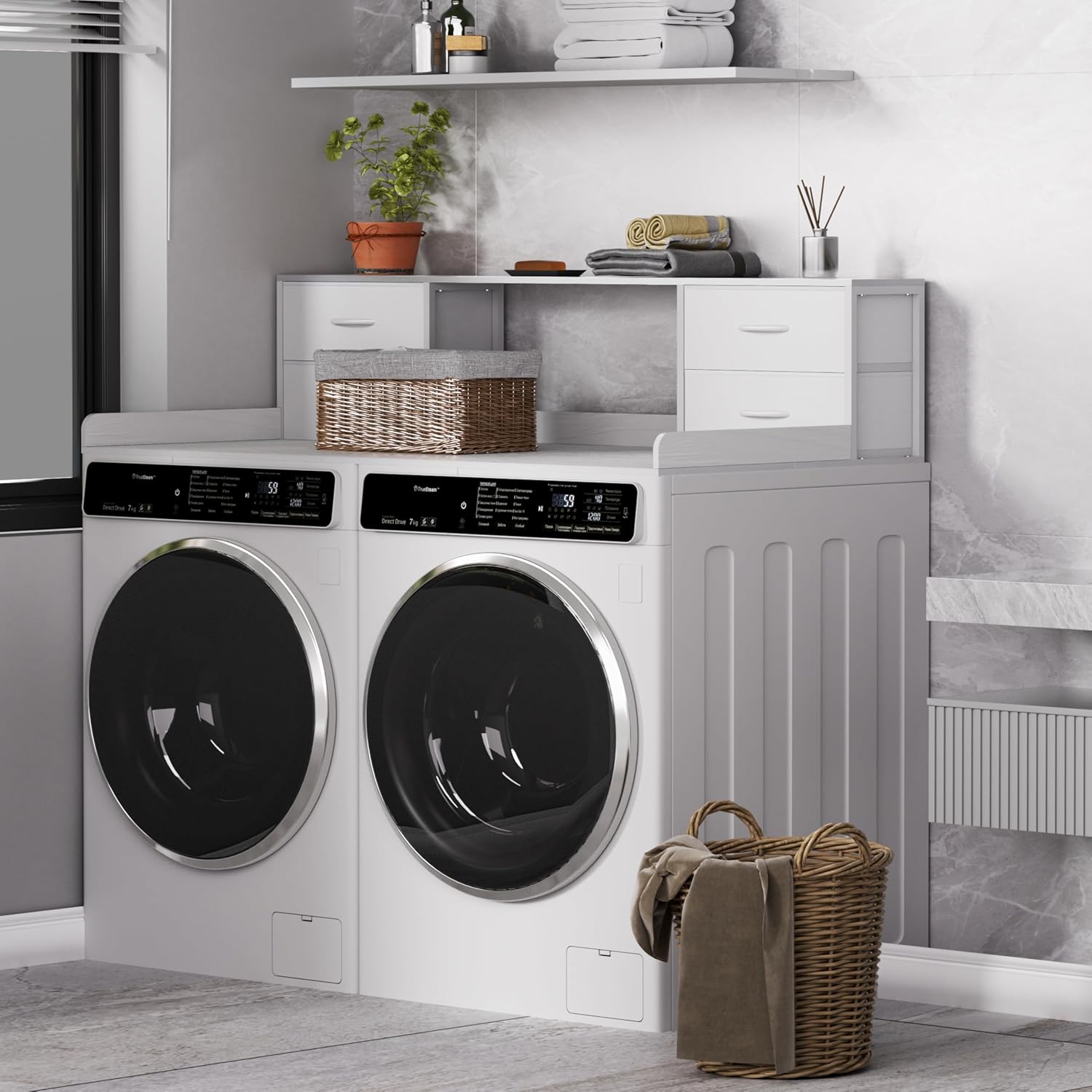 Unionly Washer and Dryer Countertop, 27.5' D x 53.9' W x 12.9' H Solid Wood Washer and Dryer Countertop with Organizer Shelves with Four Drawers for Laundry Room Organization (White)