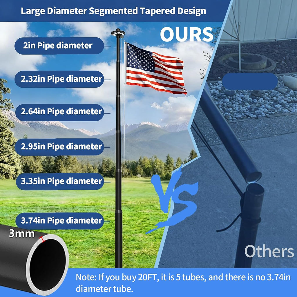 MXQMKL 9 Gauge 25FT Heavy Duty Solar Flagpole Kit,Flag Pole for Outside House in Ground 3mm Thick Aluminum Flagpoles with 136 LED Light & 3x5 American Flag for Outdoor 120MPH Wind Tested,Black