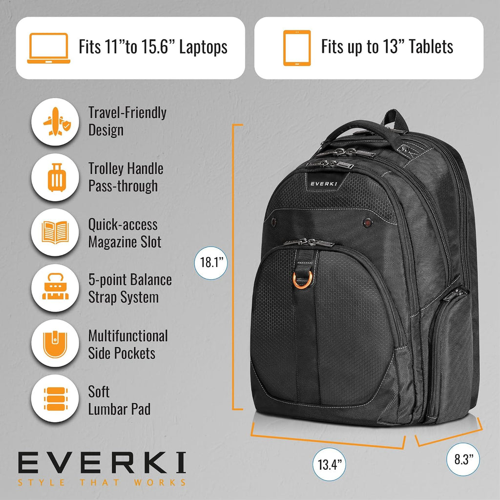EVERKI Atlas Business Laptop Backpack Bundle + Compression Packing Cube Set - Packing Cubes for Backpack & Trolley 4.6L & 9L + 29L/32L Laptop Backpack for Work, Travel, Men & Women - Black & Orange