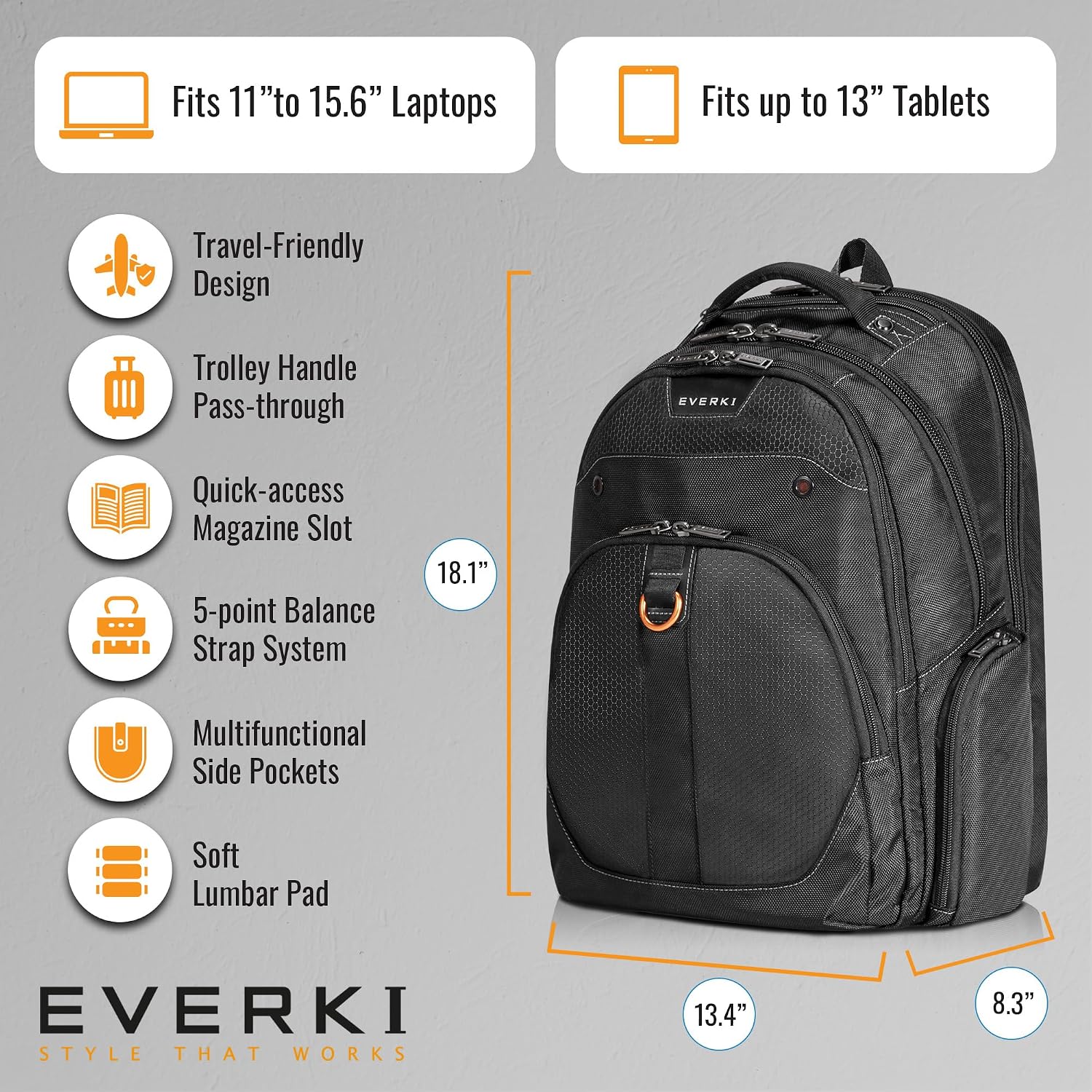 EVERKI Atlas Business Laptop Backpack Bundle + Compression Packing Cube Set - Packing Cubes for Backpack & Trolley 4.6L & 9L + 29L/32L Laptop Backpack for Work, Travel, Men & Women - Black & Orange