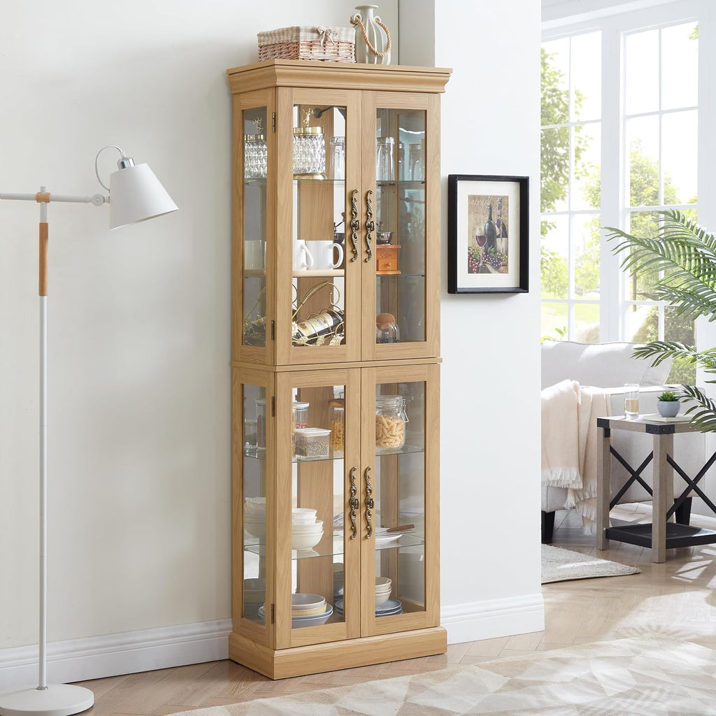 Ball & Cast Lighted Curio Cabinet,6-Tier Glass Display Cabinet with Adjustable Glass Shelves and Mirrored Back Panel for Living Room,Pantry Light Bulb Included,Light Oak