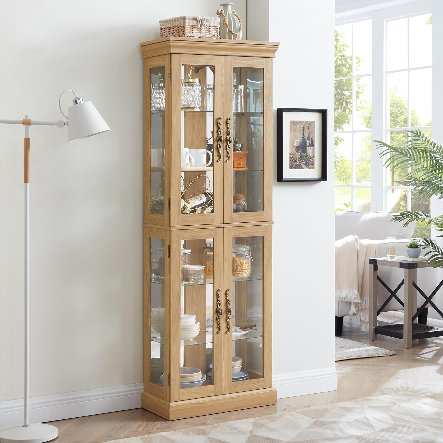 Ball & Cast Lighted Curio Cabinet,6-Tier Glass Display Cabinet with Adjustable Glass Shelves and Mirrored Back Panel for Living Room,Pantry Light Bulb Included,Light Oak