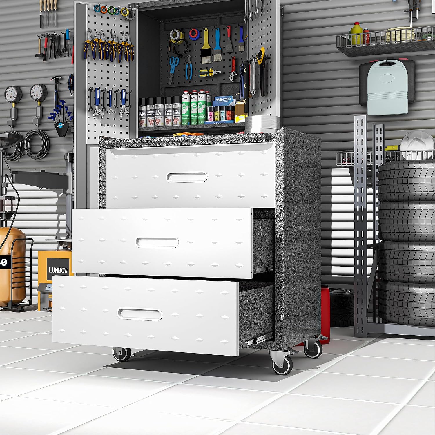 Metal Garage Storage Cabinet with Wheels, Rolling Tool Cabinet with 3 Drawers, Heavy Duty Mobile Steel Cabinet for Garage Warehouse Workshop, Assembly Required