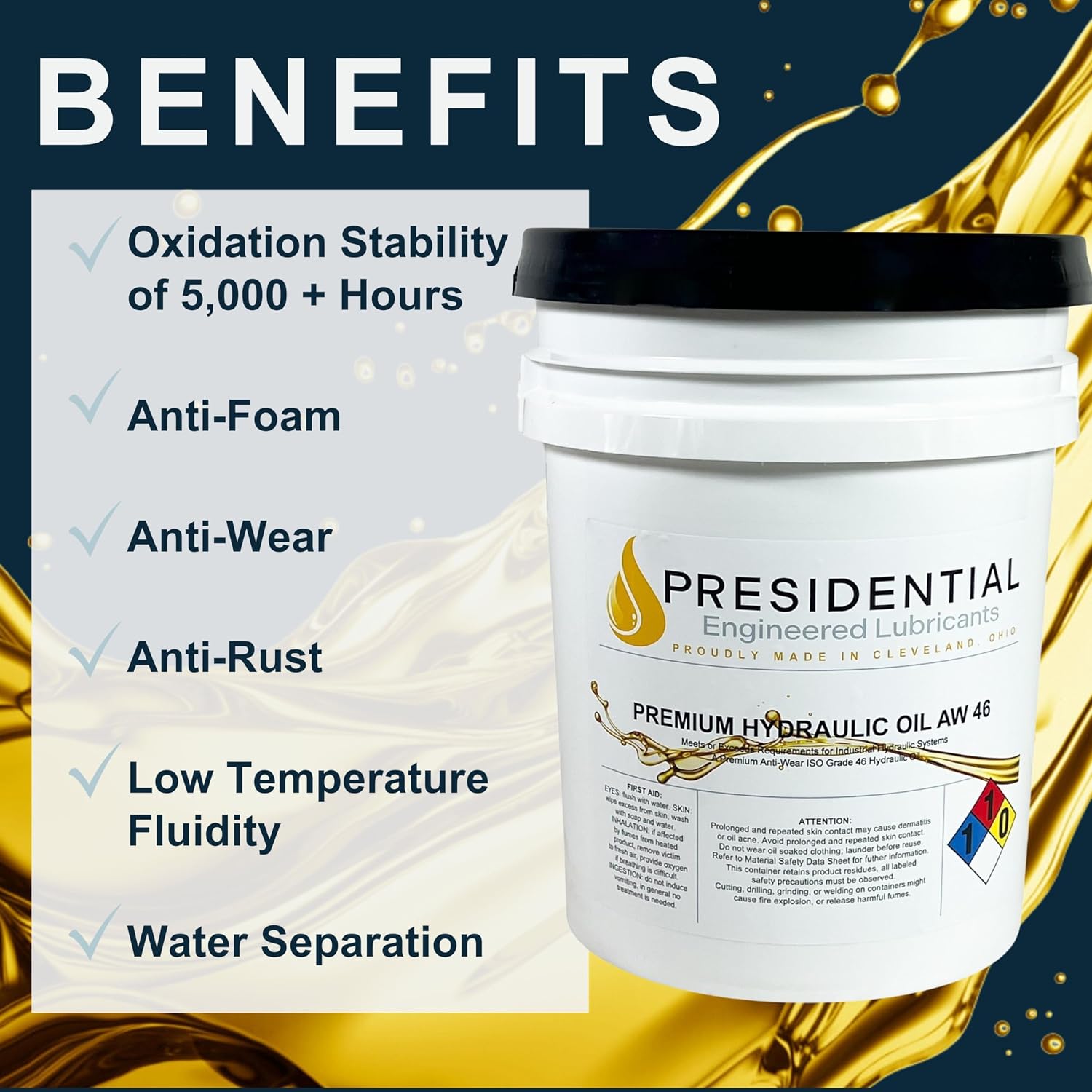 Presidential Hydraulic Oil 46 - ISO AW 46 Hydraulic Fluid - Premium Oils & Fluids for Machine Rust and Corrosion Protection - Anti-Foam, Low Temperature Fluidity - Made in USA (5 Gallon Pail)