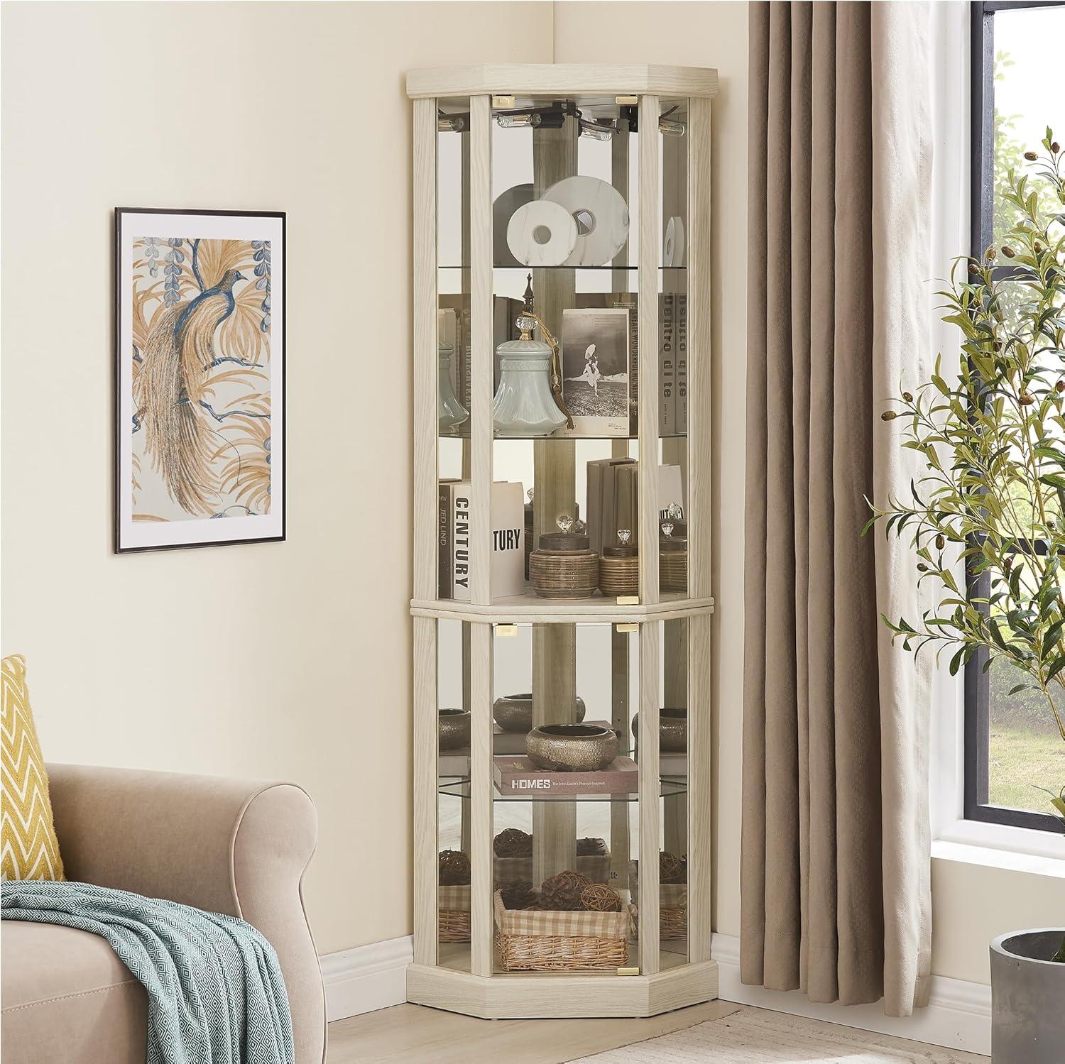 69' H Lighted Curio Cabinet Corner Display Case,Corner Glass Cabinets with Tempered Glass Door and Adjustable Shelves,Wooden Curio Cabinet with Mirrored Back Pane(Style 1 - Antique White)