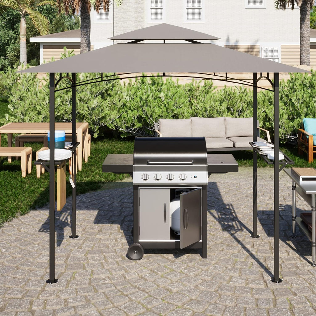 8X 5 FT Grill Gazebo Grill Canopy Double Tiered BBQ Gazebo Outdoor BBQ Canopy, Gray