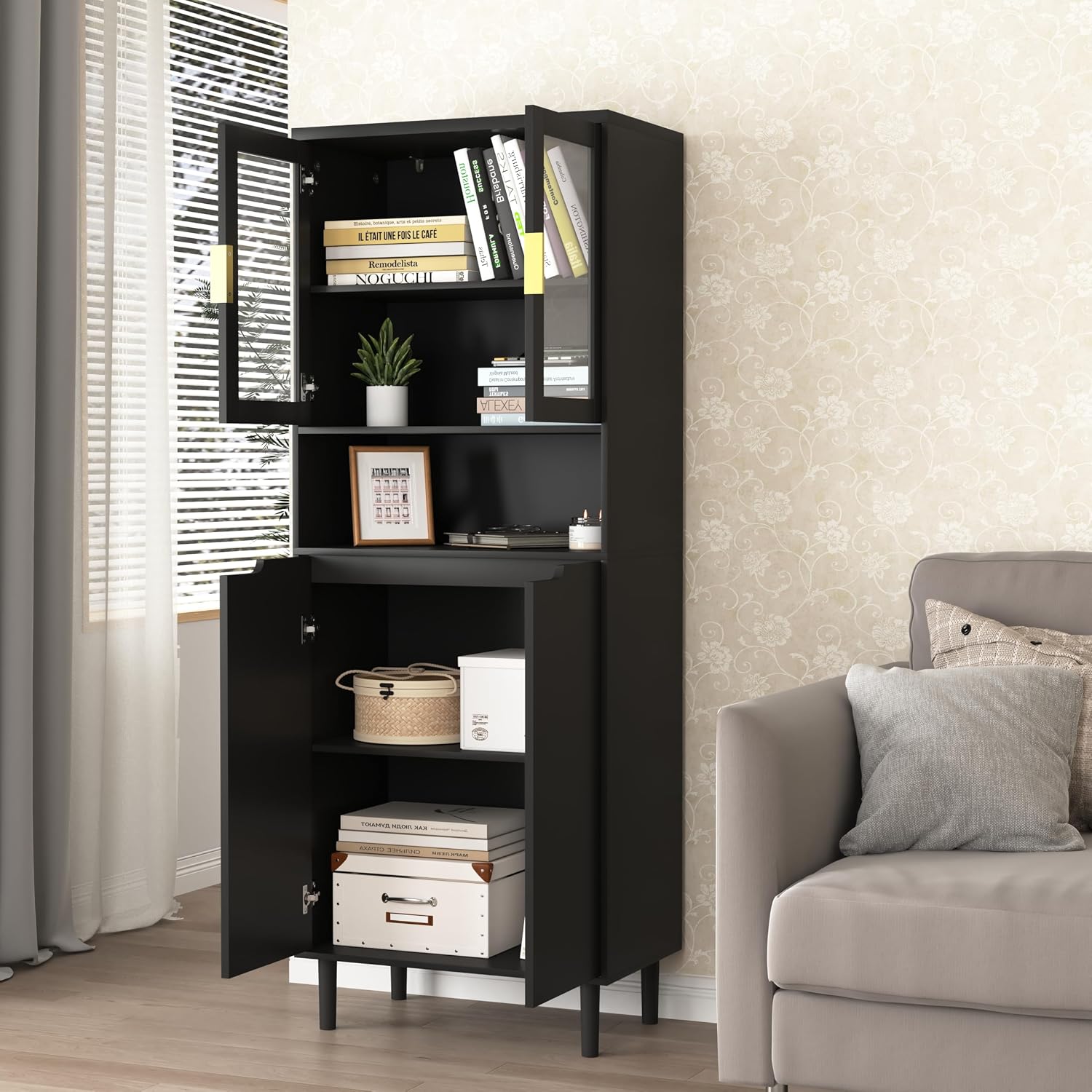LUMISOL Storage Cabinet with 2 Glass Doors, Solid Wood Accent Cabinet with Gold Handles, Modern Cabinet Freestanding for Study Room Living Room, Save Space, Black