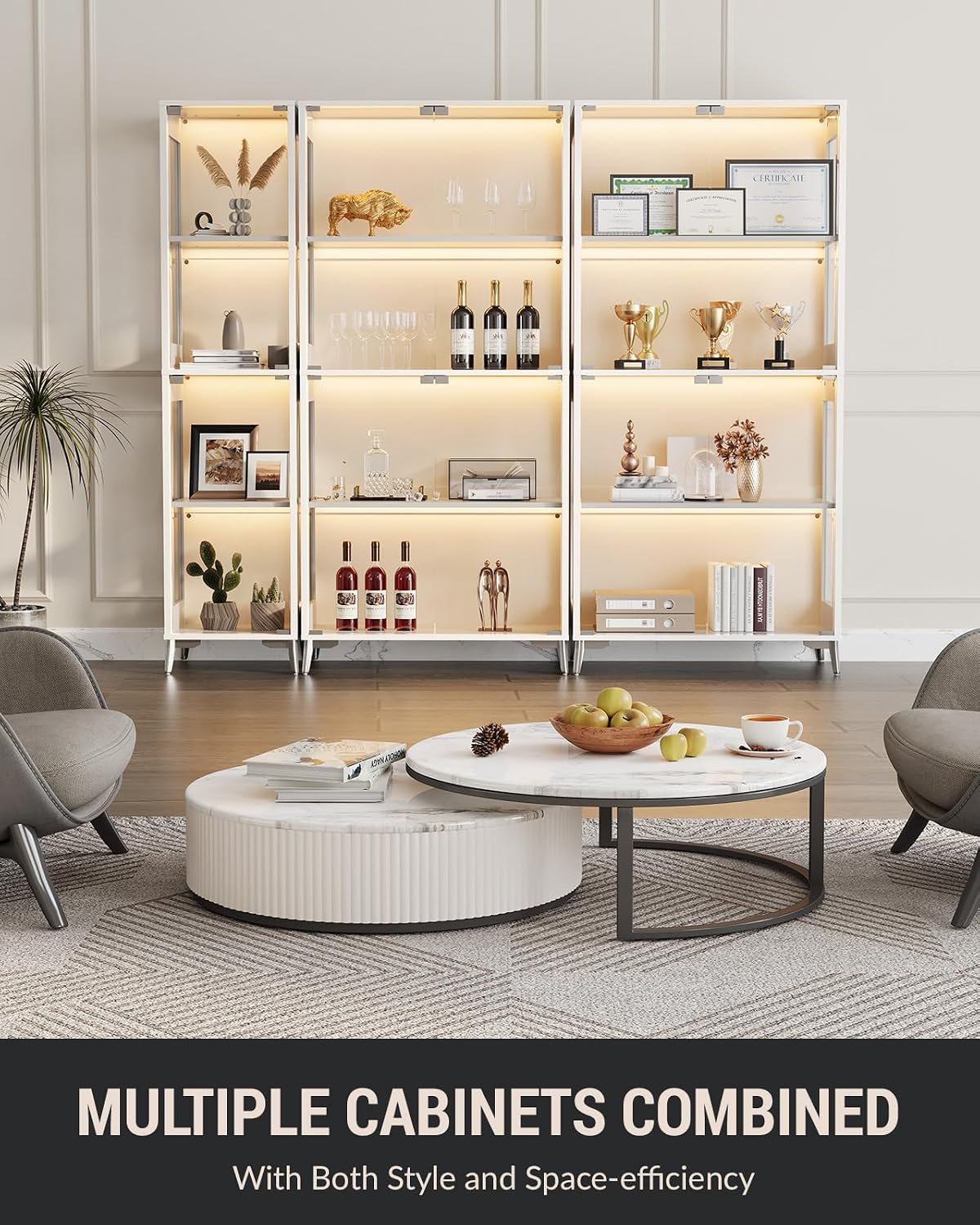Glass Display Cabinet with Doors, 4-Tier Storage & Display Case with Adjustable Shelves, RGB LED Lights with APP & Remote Control, Metal Base Curio Cabinet for Collectibles & Living Room Furniture