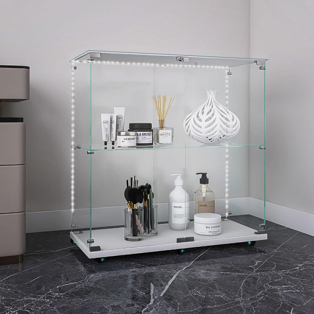 34.17' Tall Tempered Glass Display Cabinet with LED Lights&Rolling Wheels, Curio Cabinet with 2 Shelves with 2 Door, Quick-Install Style Floor Standing Bookshelf File Cabinet for Living Room Office