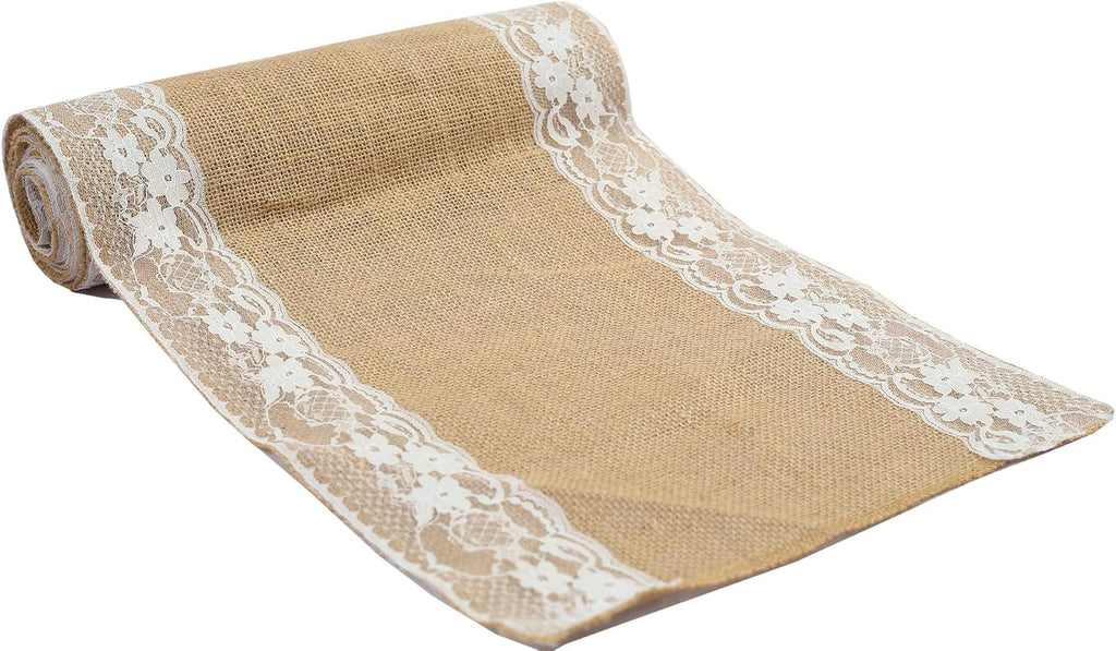 MDS Pack of 10 Wedding 12 x 108 inch Vintage Lace Burlap Table Runner, Rustic Farmhouse Jute Country Vintage Jute Burlap Roll for Wedding,Christmas Xmas New Year Party Jute Runner-Natural
