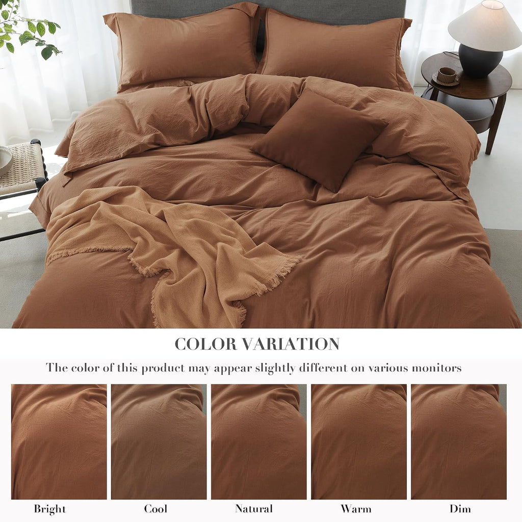 Cooling Duvet Cover Set 3 Pieces-100% Washed Cotton with Chic Wide Trim Design Linen Like Textured Ultra Soft Cozy Bedding with Zipper Closure(Hemmed Dark Orange,Oversized King 120'x98')