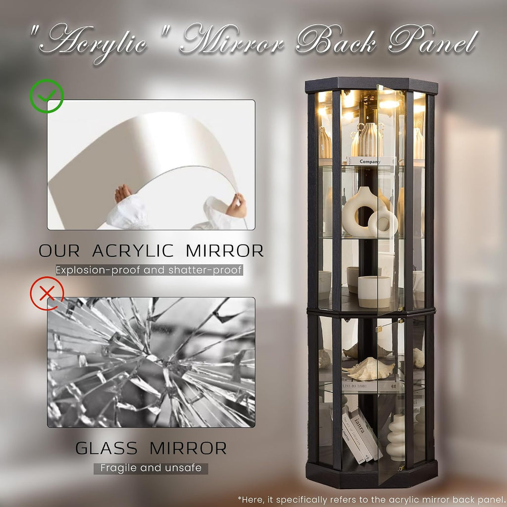 Corner Curio Cabinet, 70' H Lighted Glass Display Cage with Tempered Glass Doors and 5 Adjustable Shelves, Light Bulb Inclued, Wine Bar China Cabinet for Living Room (Black)