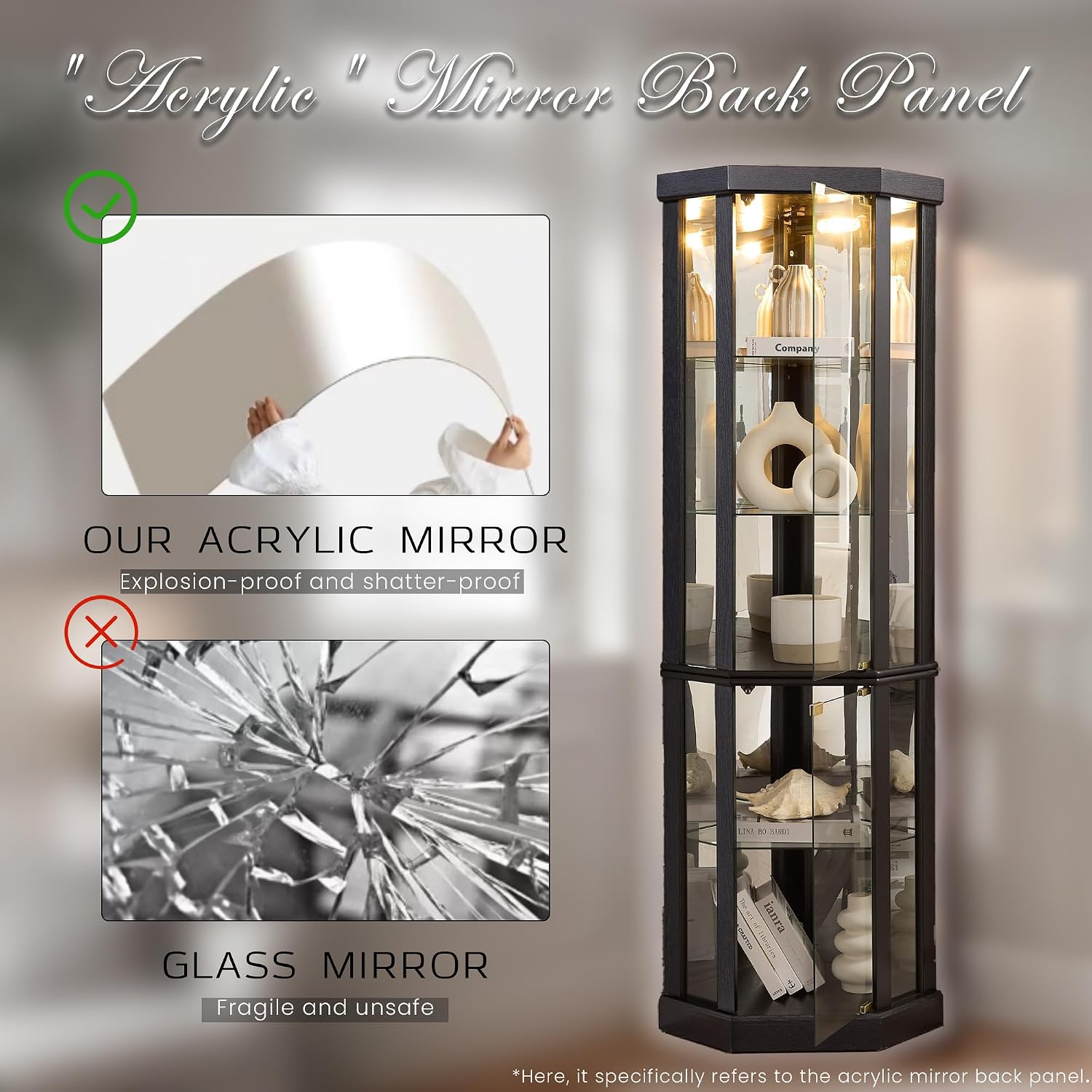 Corner Curio Cabinet, 70' H Lighted Glass Display Cage with Tempered Glass Doors and 5 Adjustable Shelves, Light Bulb Inclued, Wine Bar China Cabinet for Living Room (Black)
