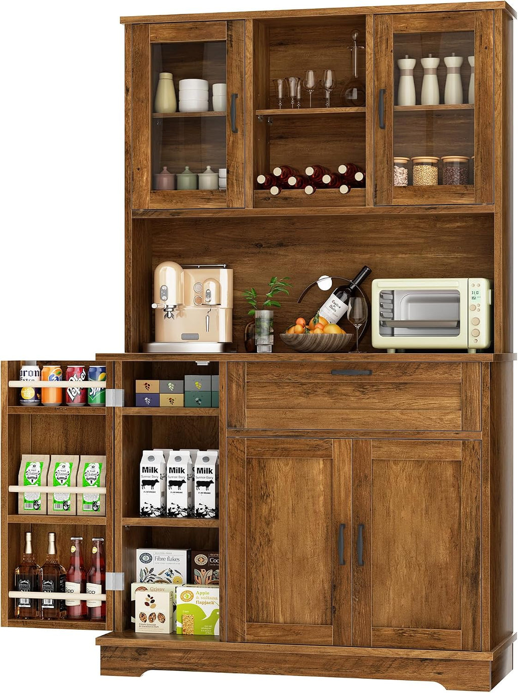 Shintenchi Kitchen Pantry Storage Cabinet, Freestanding Buffet Cabinet with Microwave Stand & 4 Door Shelves, Kitchen Hutch with Doors, Adjustable Shelves and Wine Rack, Brown