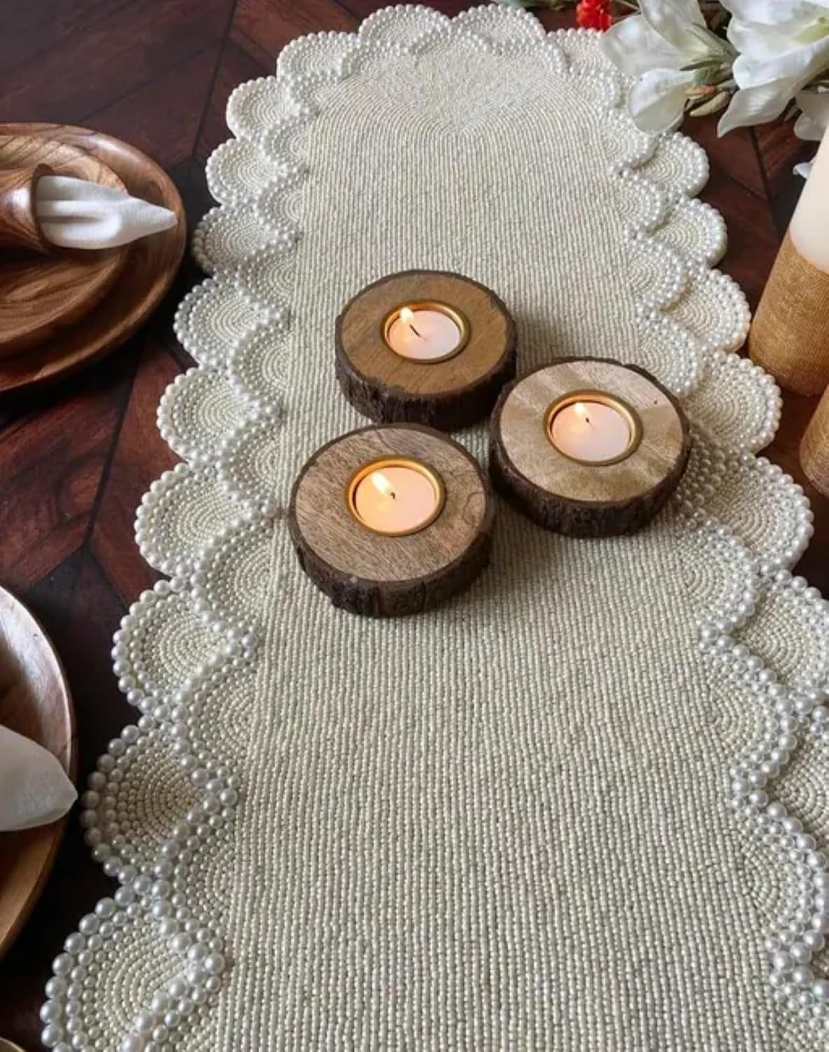 Beaded Table Runner, Cream, Scalloped Edge, Handcrafted Beaded Design, Farmhouse Dining Decor