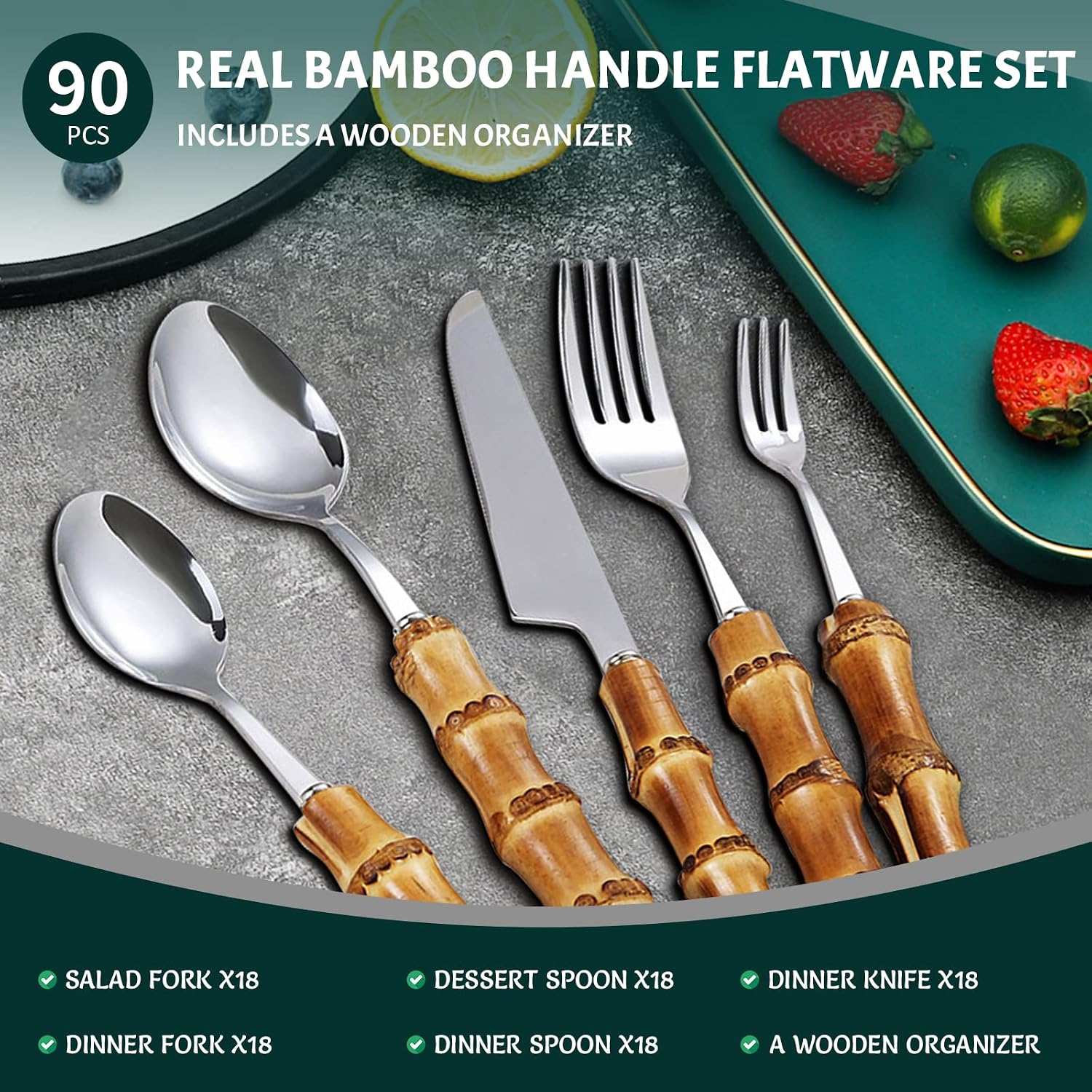 bamboo silvery flatware sets, bamboo utensil flatware sets for 18, household kitchen cutlery sets, recommend Hand Washing (90 pieces)