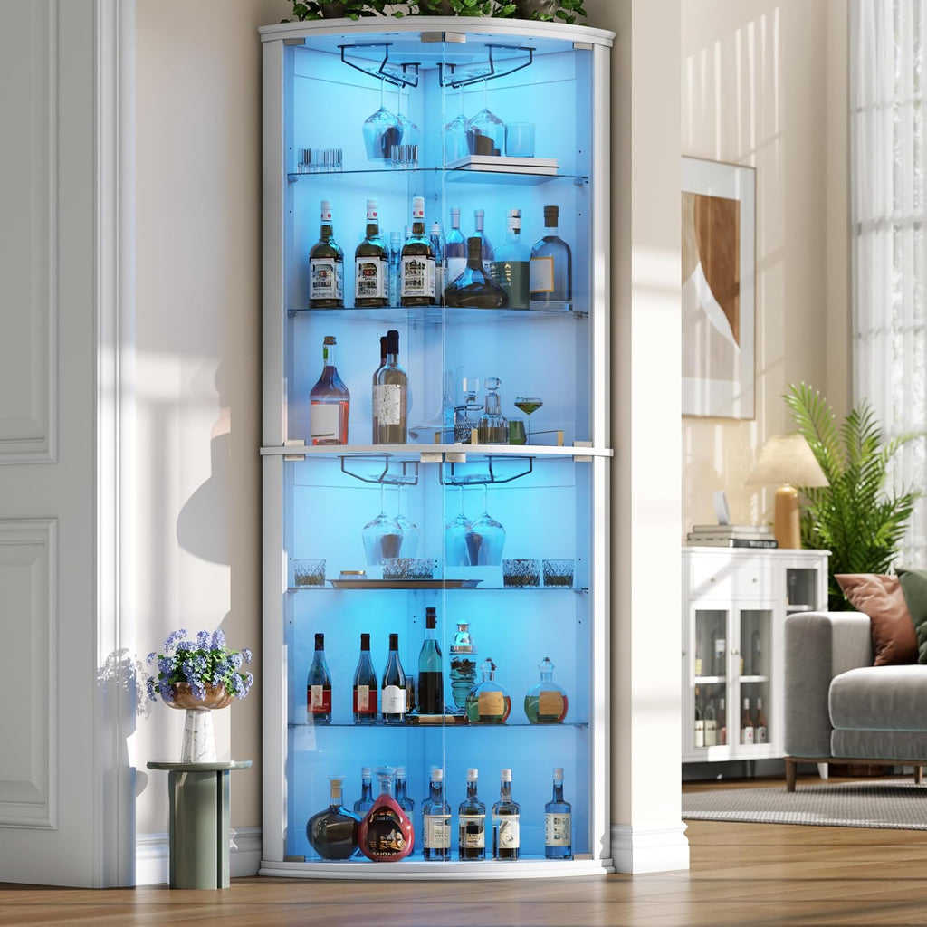 Loomie 70' Corner Bar Cabinet with LED Lights, 6-Tier Modern Wine Cabinet with Glass Door & Glass Holder, Tall Home Bar Liquor Cabinet with Adjustable Shelves for Dining Room, Living Room (White)
