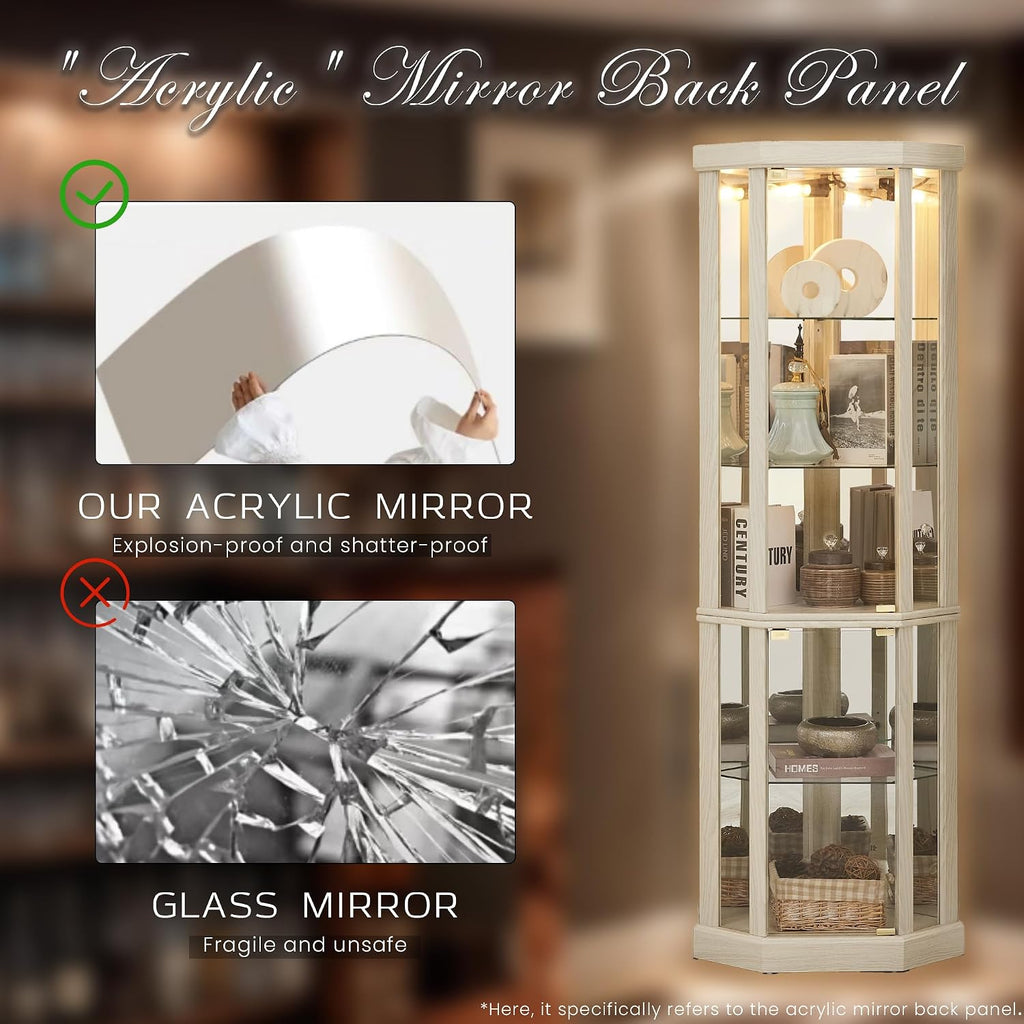 Corner Curio Cabinet, 70' H Lighted Glass Display Cage with Tempered Glass Doors and 5 Adjustable Shelves, Light Bulb Inclued, Wine Bar China Cabinet for Living Room (White)