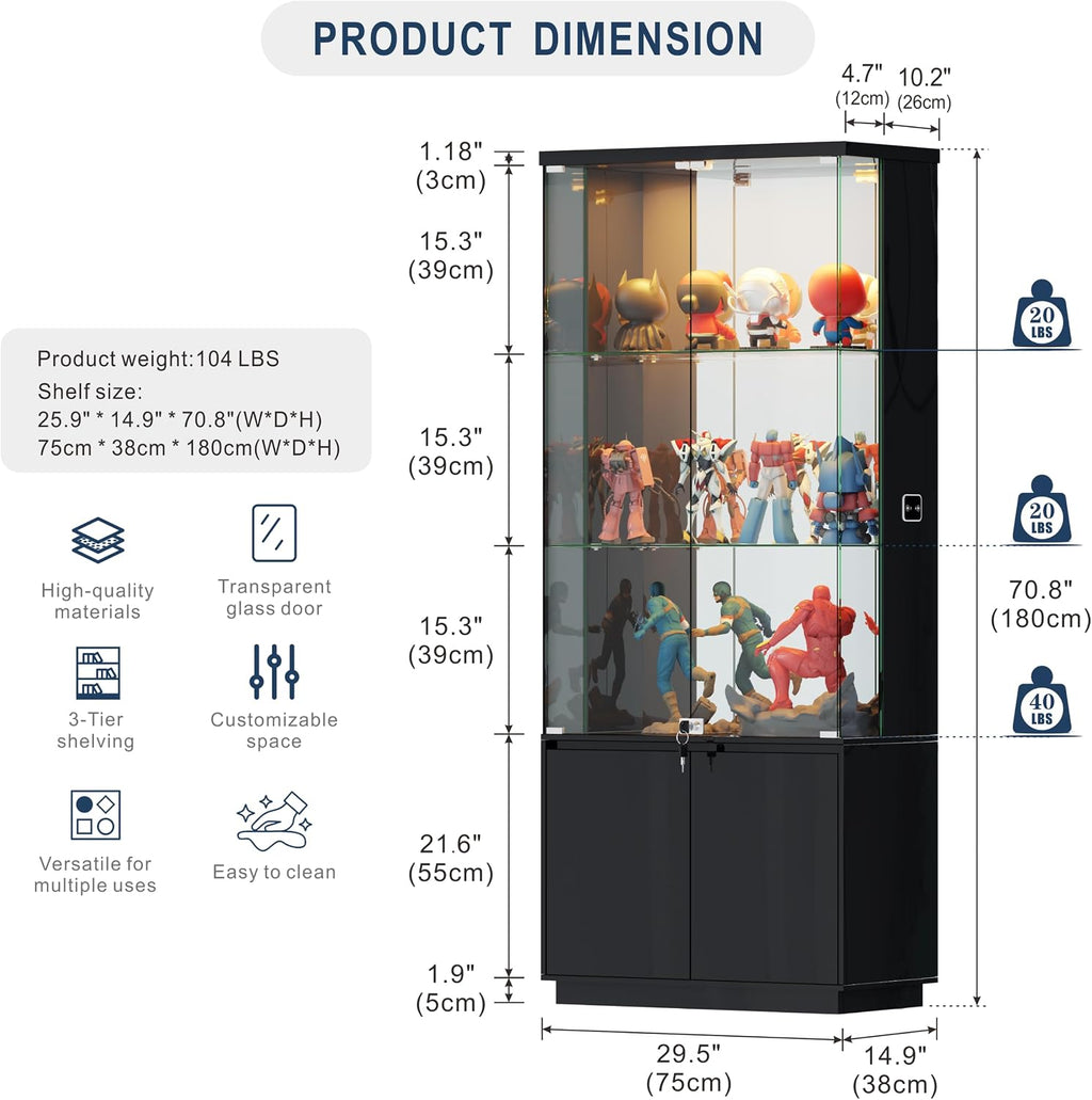 HNEBC 71'' Display Cabinet with Glass Doors&3 Color Lights&Lockable for Bedroom Black,High Gloss Curio Cabinet with Adjustable Glass Shelf 3-Tier Bookcase for Living Room