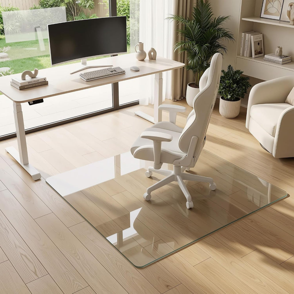 Tempered Glass Chair Mat for Hardwood Floor, 45' x 45' Heavy Duty Glass Office Chair Mat, for Low Pile Carpet, 0.2' Thick with 4 Non-Slip Pads, Smooth Rolling for Home & Office