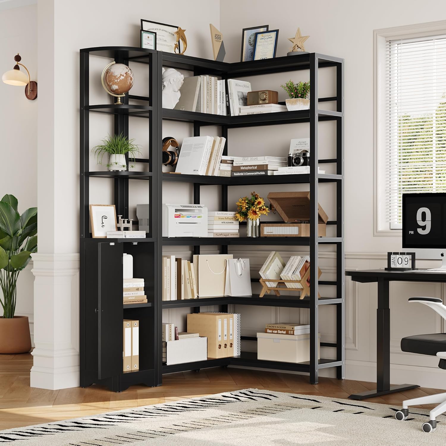 Keyluv Black Corner Bookshelf 72' Tall Corner Book Shelves Cases 2 Pieces Open Bookcase Large Storage Display Shelf Standing 6 Tier Shelving Unit with Cabinet for Home office Living Room, Wood & Metal