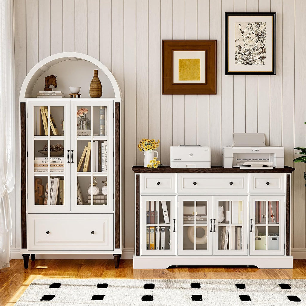 Sideboard Buffet Cabinet with Storage and Glass Doors,4-Door Cabinet with 3 Drawers,53.5' Farmhouse Modern Sideboard with Adjustable Shelves,Coffee Bar Cabinet for Kitchen & Dining Room,White