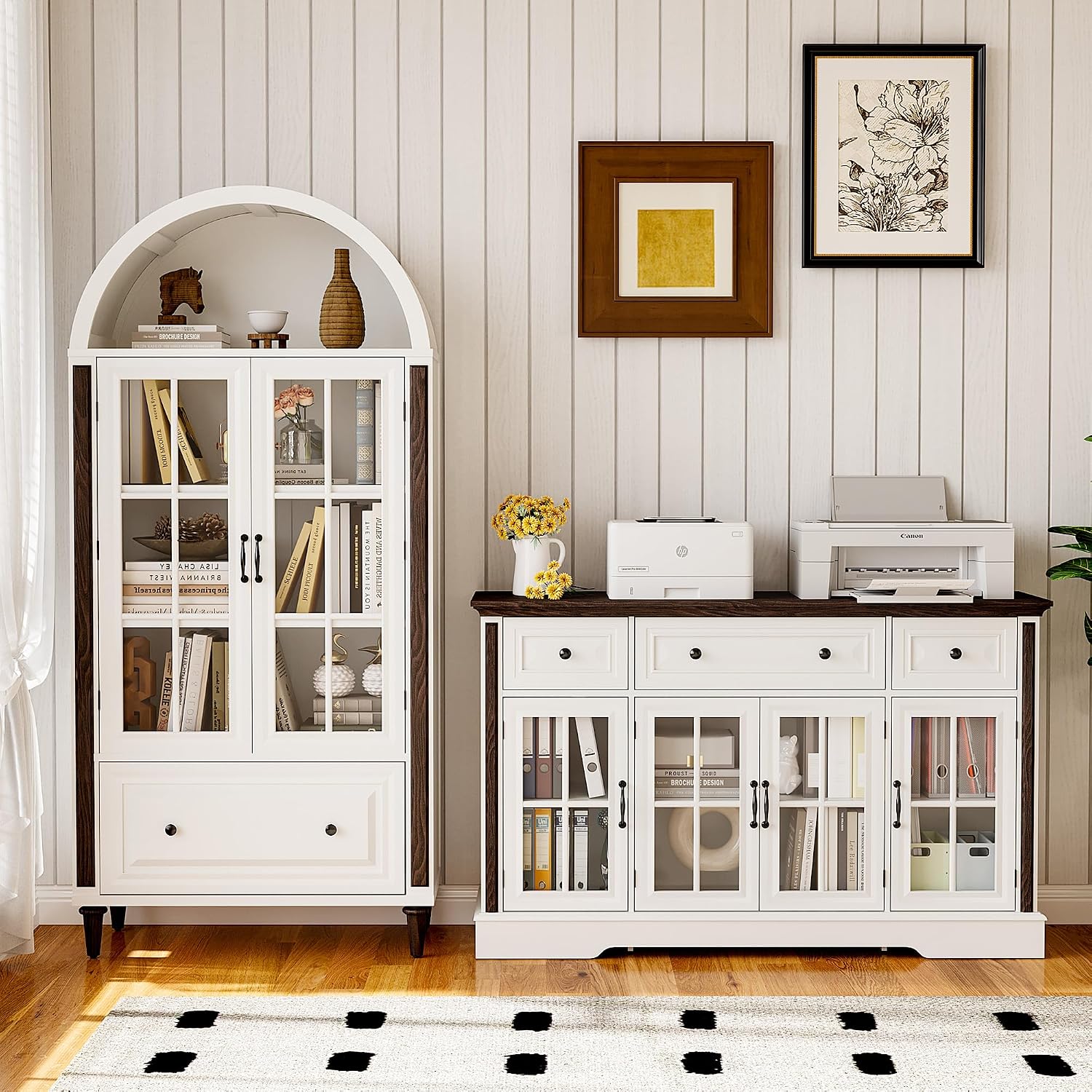 Sideboard Buffet Cabinet with Storage and Glass Doors,4-Door Cabinet with 3 Drawers,53.5' Farmhouse Modern Sideboard with Adjustable Shelves,Coffee Bar Cabinet for Kitchen & Dining Room,White