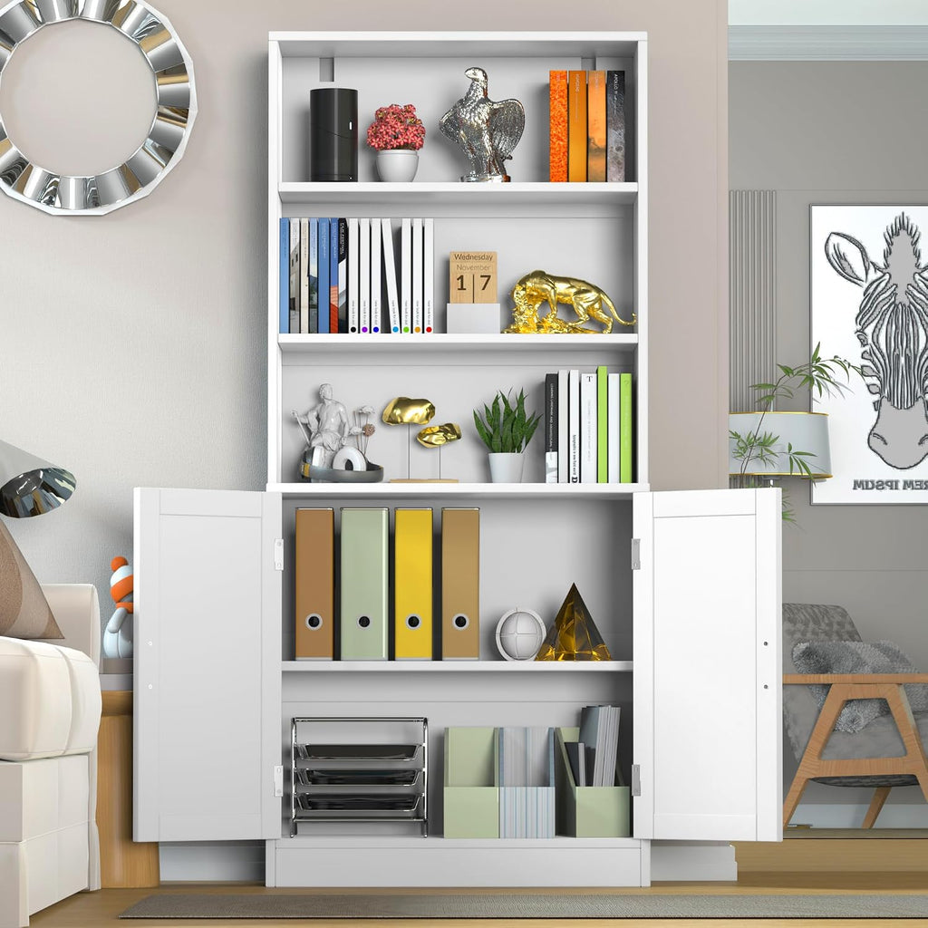 holzart 75' Tall Bookcase with Doors, 5 Tier Large Bookshelf with Cabinet, Standing Wood Display Book Shelf for Living Room, Office, Library with Doors, White