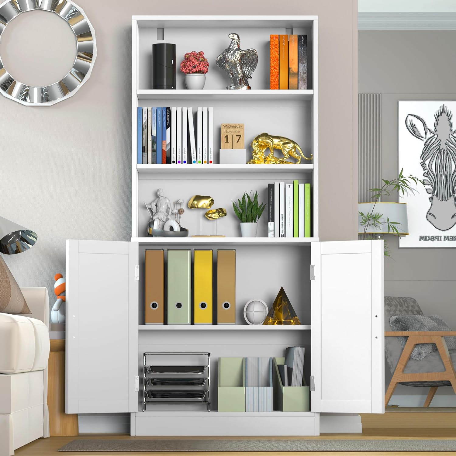 holzart 75' Tall Bookcase with Doors, 5 Tier Large Bookshelf with Cabinet, Standing Wood Display Book Shelf for Living Room, Office, Library with Doors, White