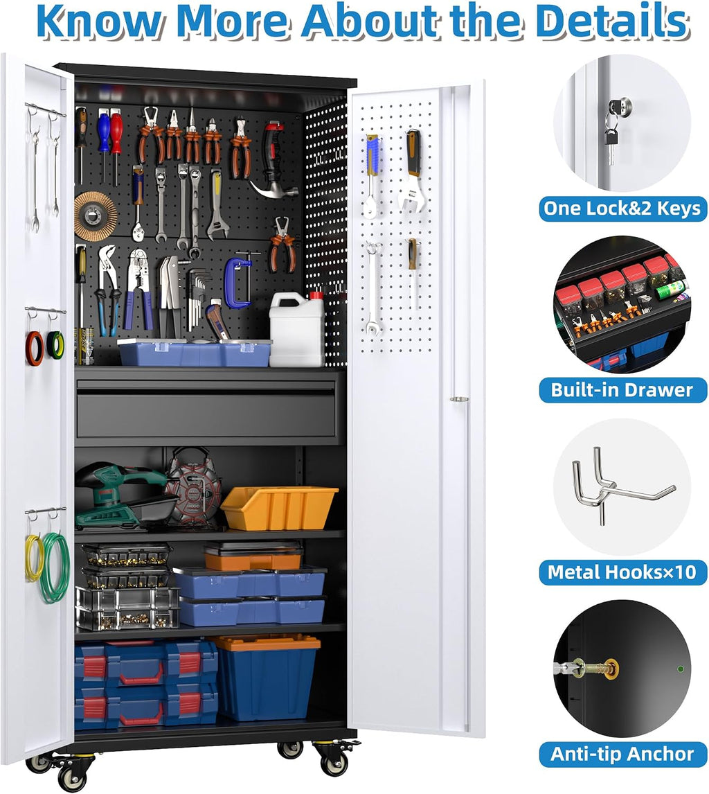 METAN 71' H Metal Storage Cabinet with Wheels with 5 Pegboards and 1 Drawer,Lockable Steel Tool Cabinet for Garage,Warehouse,Assembly Required,Black+Gray