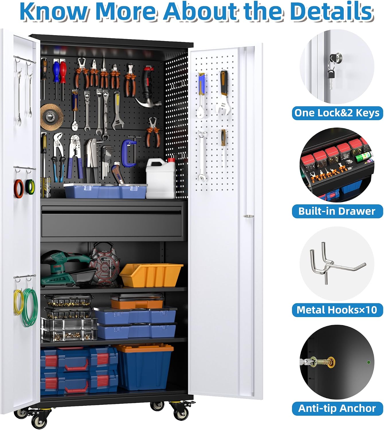 METAN 71' H Metal Storage Cabinet with Wheels with 5 Pegboards and 1 Drawer,Lockable Steel Tool Cabinet for Garage,Warehouse,Assembly Required,Black+Gray